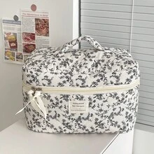 3pcs Makeup Bag Quilted Cosmetic Bag Silk Ribbon Large Floral Make Up Bag For Women Bow Cotton Makeup Bag Set Flower Travel Toiletry Bag - 黑與白 - 查看 8
