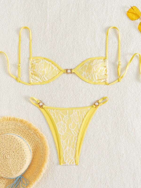 Spitzenmaterial Bikini Set mit verstellbaren Trägern, Rückenband mit Schleife und Perlendekor für Damen