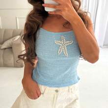 Women Y2k Starfish Cami Top Rhinestone Printed Crop Tank Tops Slim Fitted Knit Going Out Summer Beach Sleeveless Shirts Vest - Màu xanh nhạt - Xem 3