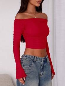 Women's Long-Sleeved T-Shirt Casual Temperament Off-The-Shoulder Pleated Slim-Fit Short Top Going Out Summer Shirt - 紅色 - 查看 4