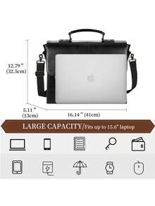 Vintage Leather Messenger Bag For Men - 15.6 Inch Waterproof Laptop Briefcase - Large Satchel Shoulder Bag For Office, Travel & College | Fits Most 15.6" Laptops - 黑色 - 查看 3