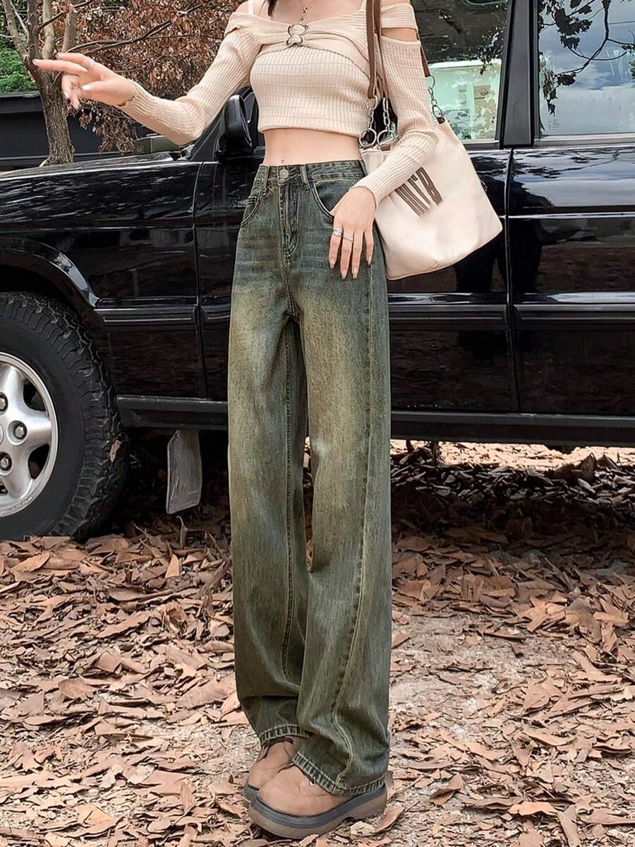 Quần jeans nữ dáng rộng, cạp cao, ống đứng, thích hợp cho mùa xuân. - Rửa tối - Xem 1