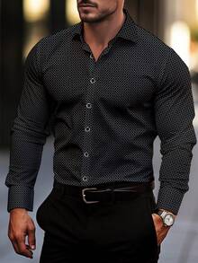Men Polka Dot Slim Fit Shirt, Black & White Classic Retro Style Business Casual Long Sleeve Top, Fashion Gentlemen Essential, Fall