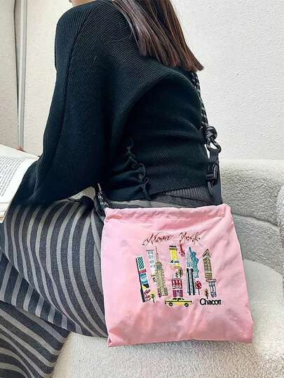 1pc New Fashion Casual Versatile Embroidered City Pattern Nylon Adjustable Shoulder Strap Sling Tote Bag With Strap