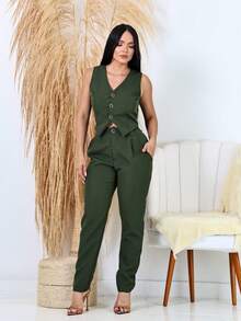Women's Formal Skinny Pants Tailoring Set - Green - View 1