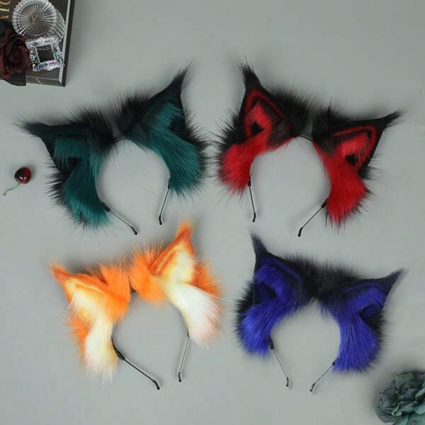 Fluffy Plush Faux Animal Ear Headband, Cute Anime Cosplay Wolf, Lynx, Bobcat Ears Hair Accessory