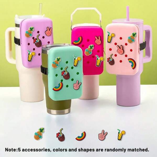 1 pieza Funda de silicona para botella de agua con 5 piezas de accesorios aleatorios, soporte para botella de agua portátil, bolsa de almacenamiento práctica para correr y actividad física, adecuada para botellas de 30 oz/40 oz y botellas deportivas, útiles escolares