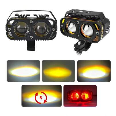 2 piezas Faro auxiliar LED 5 modos lupa Ojo de demonio de luz roja con luz estroboscópica para motocicleta y automóvil