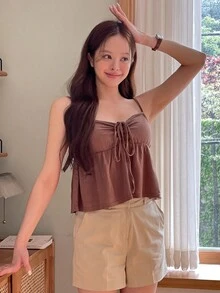 YIU 女士夏季纯色系带荷叶边吊带背心，女装夏季服装 - 咖啡棕 - 查看 8