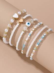 6pcs/Set Girls' Heart Shaped Bead Mixed Color Charm Bracelets