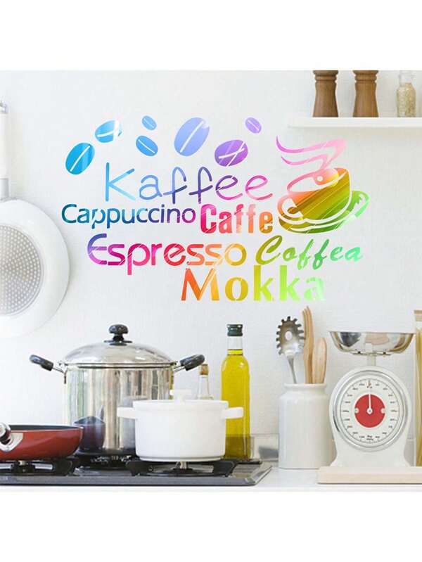 Kitchen Stickers/Decorative Stickers Colorful English Coffee Cup Stickers Waterproof And Dustproof Stickers, 1 Piece Pvc Material Removable Wear-Resistant Stickers, Wall Stickers 22*14.1 Inches, Suitable For Kitchen Decoration, Wall Decoration, Restaurant Decoration, Interesting Birthday Gifts, Graduation Gifts, Make Your Home A New Look