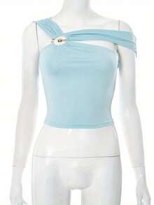 Women Ring Tank Tops Slim Solid Backless Crop Asymmetrical Shirts - Blue - View 2