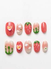 10 件夏季可爱指甲贴按压式日系短椭圆彩色多巴胺系列指甲贴手工美甲用品指甲