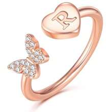 TUANZISP 1pc Elegant Copper Butterfly Heart Letter Ring, Adjustable Personalized Initial A-Z Rings, Fashionable & Casual Jewelry Gift For Women