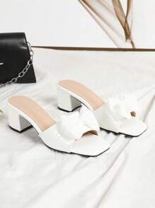 Glänzende weiße quadratische Muster Mode High Heel Sandalen, Frauen Plateau-Absatz Slip-On elegante Kleider Schuhe mit Schleife