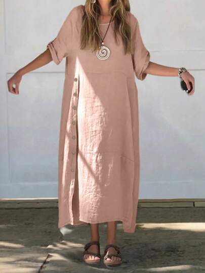 Women's Fashion Oversized Casual Comfortable Breathable Button Split Design Short Sleeve Long Dress