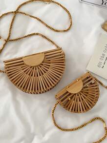 Fashion Half Moon Wooden Shoulder Crossbody Bags For Women Bamboo Woven Summer Beach Straw Bag Rattan Small Phone Purse Mini Bag