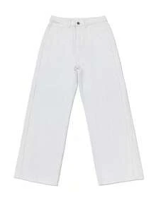 高腰直筒牛仔裤，宽松阔腿牛仔裤，九分休闲棉质长裤，适合办公室、户外、工作场合，白色长裤，春季款 - 白色 - 查看 4