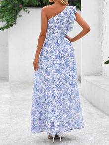 Women Summer Dress Floral One Shoulder Sleeveless Smocked Ruffle Flowy Long Dress With Pocket Boho Beach Vacation Holiday Wedding Guest Valentine Maxi Dress Outfits - Màu xanh lam - Xem 2