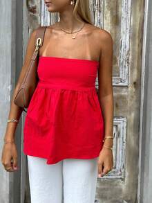Women's Summer Tube Tops Sleeveless Strapless Solid Color Loose Bandeau Tops Casual Shirts - Red - View 2