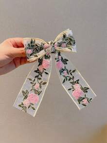 1pc Cute Sweet Floral Embroidery Bow Ribbon Hair Clip, Suitable For Daily Wear, A Gift For Girlfriends, Hair Accessory, Summer Accessories, Travel, Claw Clips, Clips For Hair, Hair Slide, Hair Claws