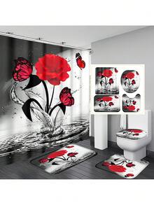 1pc/4pcs Red Falling Rose Flower Shower Curtain Decoration, Beautiful Housewarming Gift Modern Home Decoration, Waterproof Shower Curtain And Toilet Floor Mat Three Pieces Set Comes With 12 Shower Curtain Hooks Back To School - Multicolor - View 1