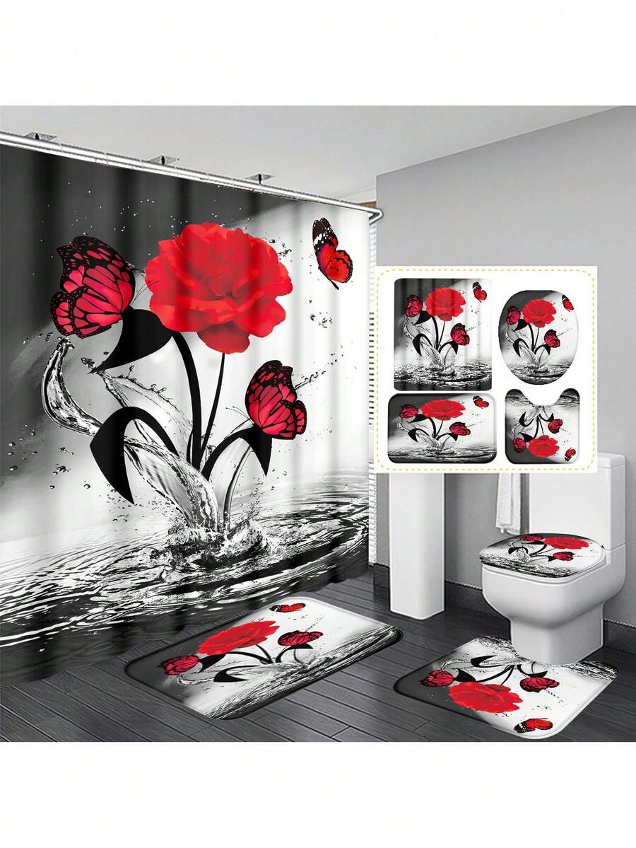 1pc/4pcs Red Falling Rose Flower Shower Curtain Decoration, Beautiful Housewarming Gift Modern Home Decoration, Waterproof Shower Curtain And Toilet Floor Mat Three Pieces Set Comes With 12 Shower Curtain Hooks Back To School - Multicolor - View 1