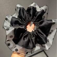 1pc Vintage French Double-Layer Mesh Black Polka Dot Elastic Hair Scrunchie, Versatile Fashion Hair Accessory Suitable For Party, Wedding, Formal Occasions
