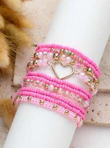 10pcs/Set Handmade Bohemian Style Beaded Heart Decor Bracelets For Women, Jewelry Set