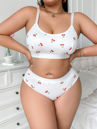 Women's White Cherry Wireless Sports Bra Set, Comfortable, Sweet, And Cute, Thin, Breathable, Plus Size Bra And Panties