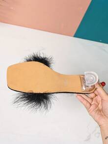Women's Summer Mule Sandals, Open Toe Slip On, Fluffy Feather Fashion Casual Transparent Crystal Heel High Heels, Black - Black - View 7