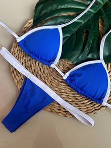 String Bikini With Ribbon/Thong - Bleu/blanc - Voir 2