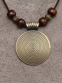 Boho Chic Necklace, Vintage Geometric Spiral Pendant With Wooden Beads, Fashionable Adjust Sweater Long Faux Leather Chain Jewelry Accessory For Women Casual Wear, Ideal Gift - Nhiều màu - Xem 1