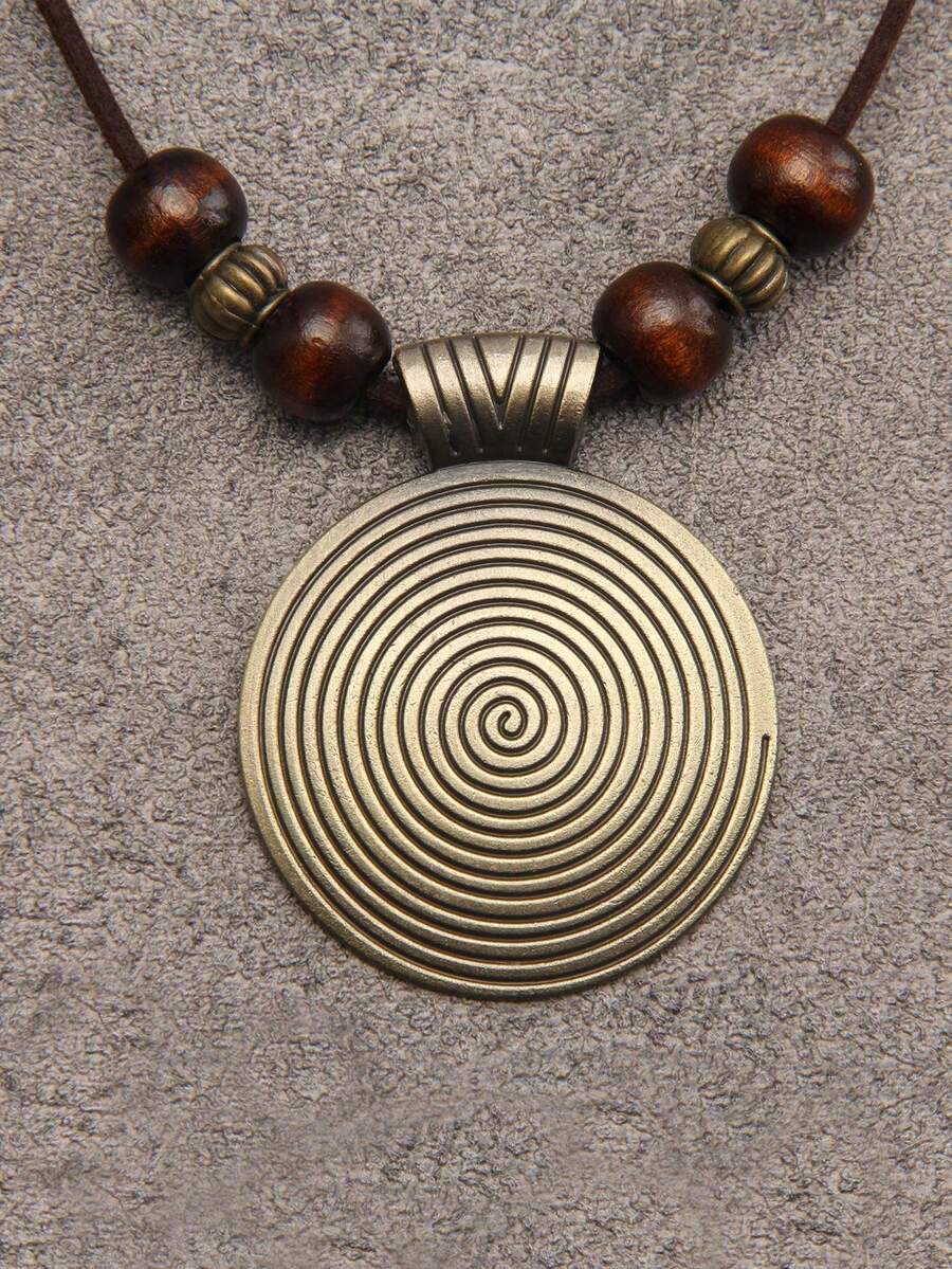 Boho Chic Necklace, Vintage Geometric Spiral Pendant With Wooden Beads, Fashionable Adjust Sweater Long Faux Leather Chain Jewelry Accessory For Women Casual Wear, Ideal Gift - Nhiều màu - Xem 1