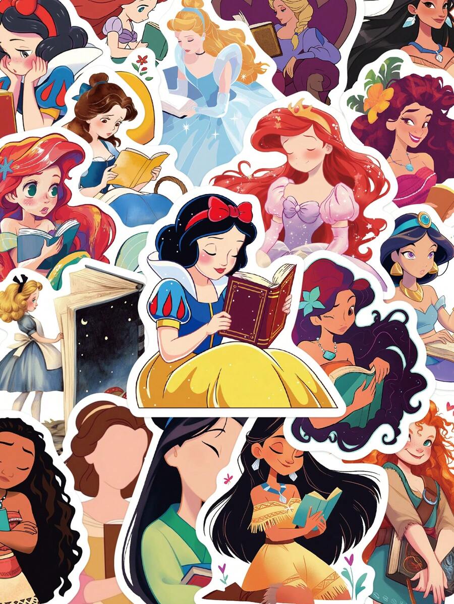 Disney 50pcs Princess Stickers, Cute Cartoon Decals Featuring Snow White Elsa & More Fairy Tale Characters For & Fans Fan Merchandise Charming Decals Paper Stickers School Supplies,Back To School