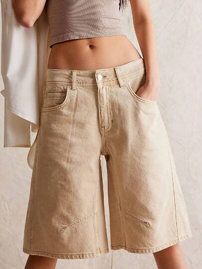 Women Long Baggy Jean Shorts Y2k Vintage Straight Leg Casual Knee Length Denim Bermuda Shorts Jorts With Pockets