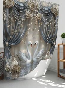 1 pièce/4 pièces Rideau de douche décoratif avec cygne gris sur scène, avec crochets multiples. Ensemble de salle de bain comprenant le rideau de douche, le tapis de sol antidérapant, le tapis en U pour toilette, le tapis de couvercle de toilette, la décoration de chambre, la décoration de la maison, la décoration et les accessoires de salle de bain, un cadeau parfait pour la rentrée scolaire
