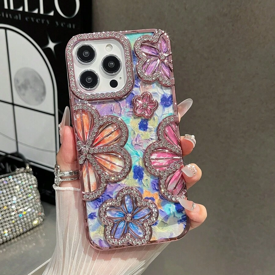 Ốp lưng TPU họa tiết hoa 3D tối giản cổ điển, cá nhân hóa, đính đá lấp lấp lánh và mạ điện, tương thích với iPhone 14, 14 Pro, 14 Plus, 14 Pro Max, 15, 15 Pro, 15 Pro Max, 16, 16 Pro, 16 Plus, 16 Pro Max, 17, 17 Pro, 17 Air, 17 Pro Max - Hồng - Xem 1