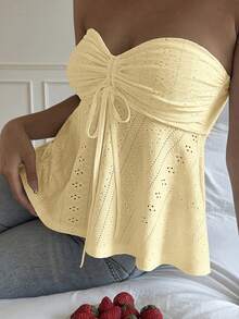 Women's Eyelet Slim Tube Tops Solid Color Tie Front Bandeau Ruched Cropped Tank Tops - Yellow - View 3