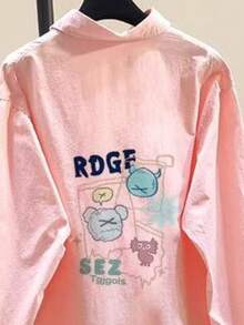 Áo sơ mi polyester in chữ hình động vật, cúc bất đối xứng, kiểu dáng dễ thương, thích hợp mặc hàng ngày và các dịp lễ hội, màu hồng cho mùa xuân/hè/thu/đông. - Hồng - Xem 3