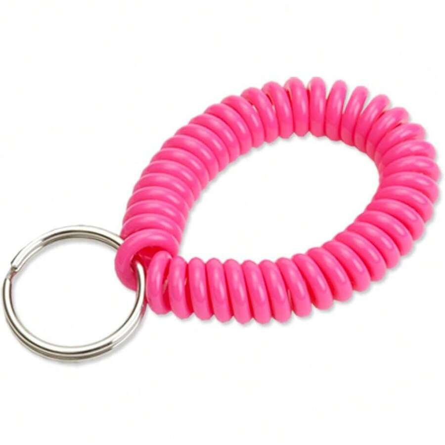 Bobina de muñeca en espiral de de diámetro con llavero de acero, pulsera flexible, se estira hasta 30 cm, unisex, rosa adulto - Rosa Neón - Ver 1