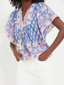 Women Boho Tops Flower Print Tie-Up Tassel V Neck Short Flutter Sleeve Shirts Casual Summer Streetwear - Màu xanh lam - Xem 6