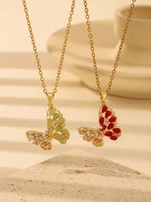 1pc Fashionable Cubic Zirconia Butterfly Pendant Necklace, Stylish & Charming Party Gift, Can Be Worn Alone Or Layered, Elegant For Daily Wear - Yellow Gold - View 1