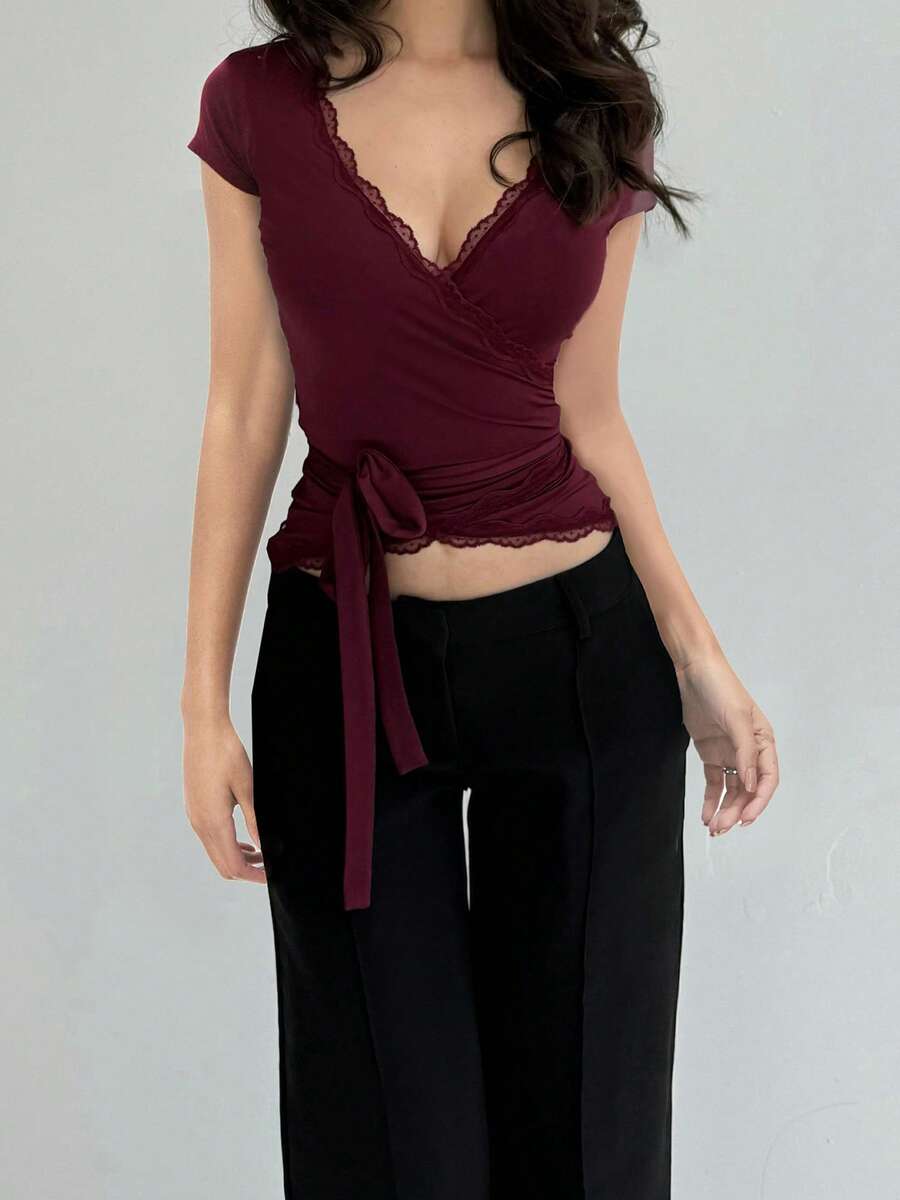 Women Deep V-Neck Short Sleeve Cross Wrap Top Slim Fit Casual Cropped Top Yoga Gym Bandage Workout Tie T Shirt - Màu Đỏ Sâu - Xem 1