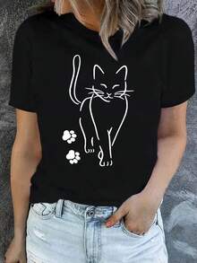 Camiseta de impresión de letra, manga corta con cuello de crew informal para verano y primavera, ropa para mujeres Vendido por - Negro - Ver 1