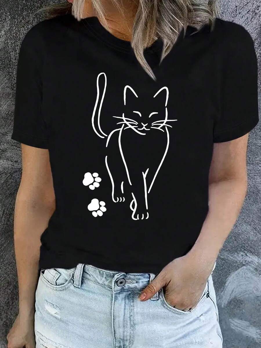 Camiseta de impresión de letra, manga corta con cuello de crew informal para verano y primavera, ropa para mujeres Vendido por - Negro - Ver 1