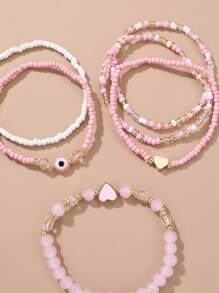 6pcs/Set Girls' Heart Shaped Bead Mixed Color Charm Bracelets