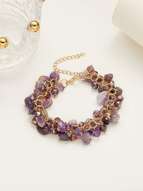 1pc Natural Amethyst Beaded Bracelet, Suitable For Daily Wear
