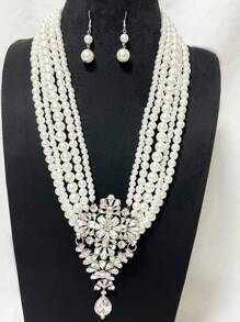 1 Set elegantes koreanisches Stil funkelndes Strass- & Perlen-Mehrschicht Halsketten- & Ohrringe Set, luxuriöser Retro Formeller Kleid Schmuck für Bühne, Party, Feiertage, Alltag