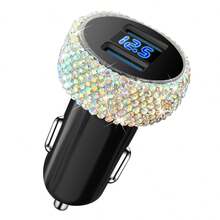 1PC Dual Port USB Car Charger, Bling Bling Handmade Rhinestones Crystal Diamond Shining Artificial Car Decorations 5V Fast Charging Adapter Universal For Andriod/CellPhone